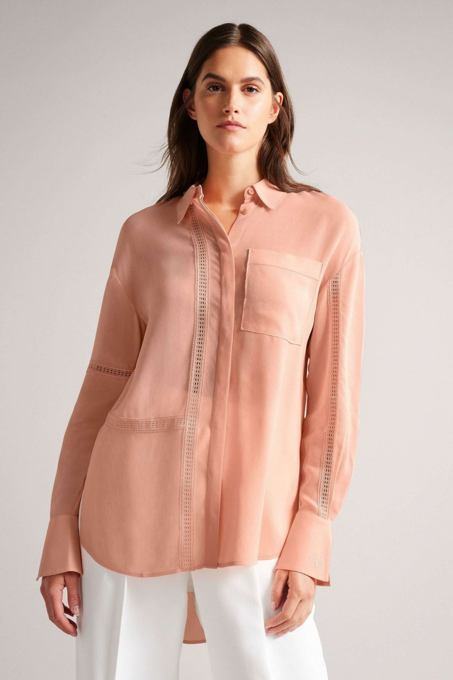 Clothing * | Ted Baker Pink Lace Insert Longline Shirt Discount