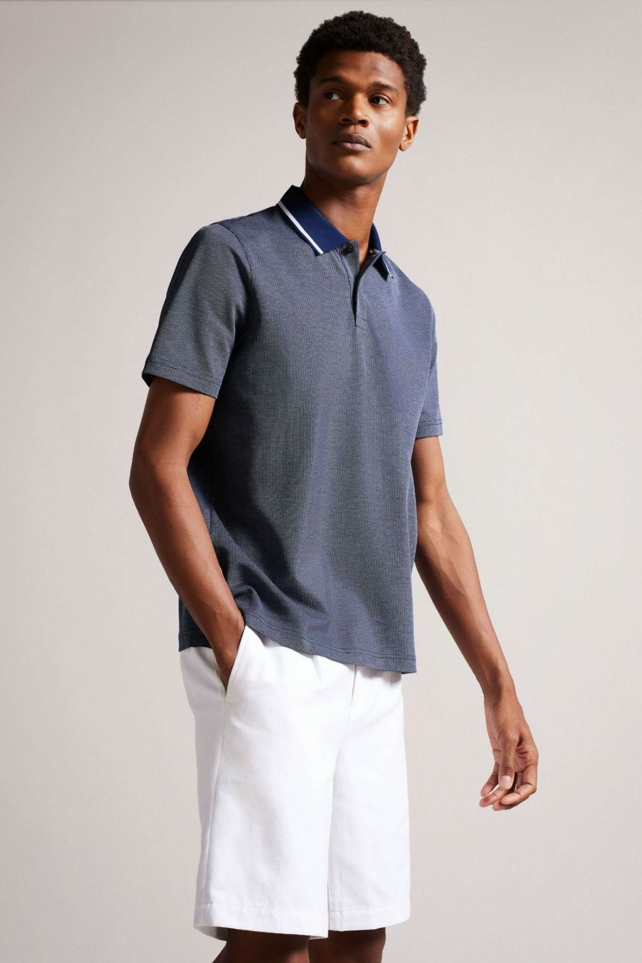 Clothing * | Ted Baker Navy Blue Mini Jacquard Stitch Polo Shirt Opening Sales