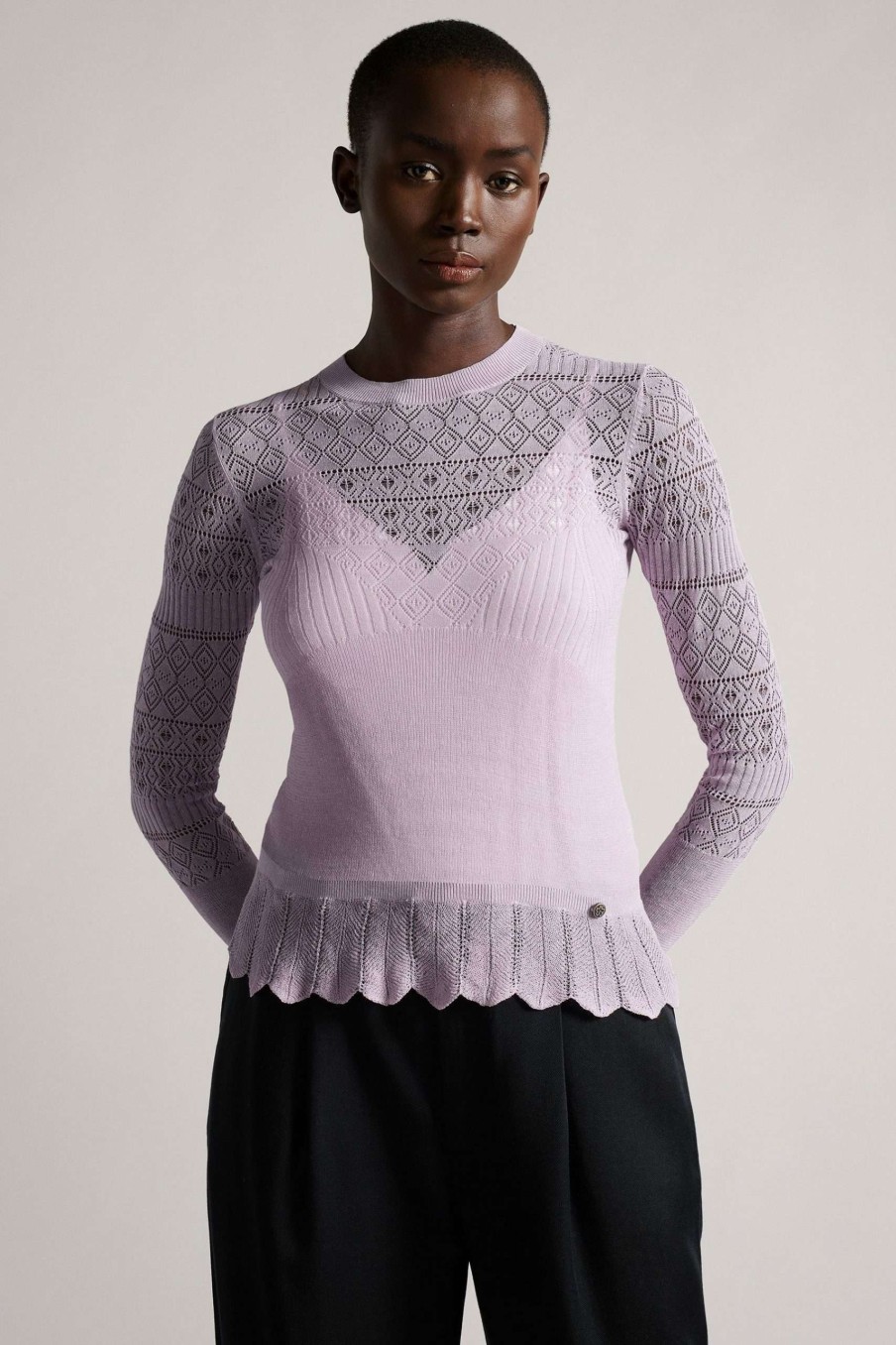 Clothing * | Ted Baker Hilen Lilac Purple Lace Stitch Knit Top 100% Guarantee