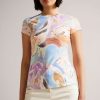 Clothing * | Ted Baker Cream Rosiean Printed Fitted T-Shirt Original