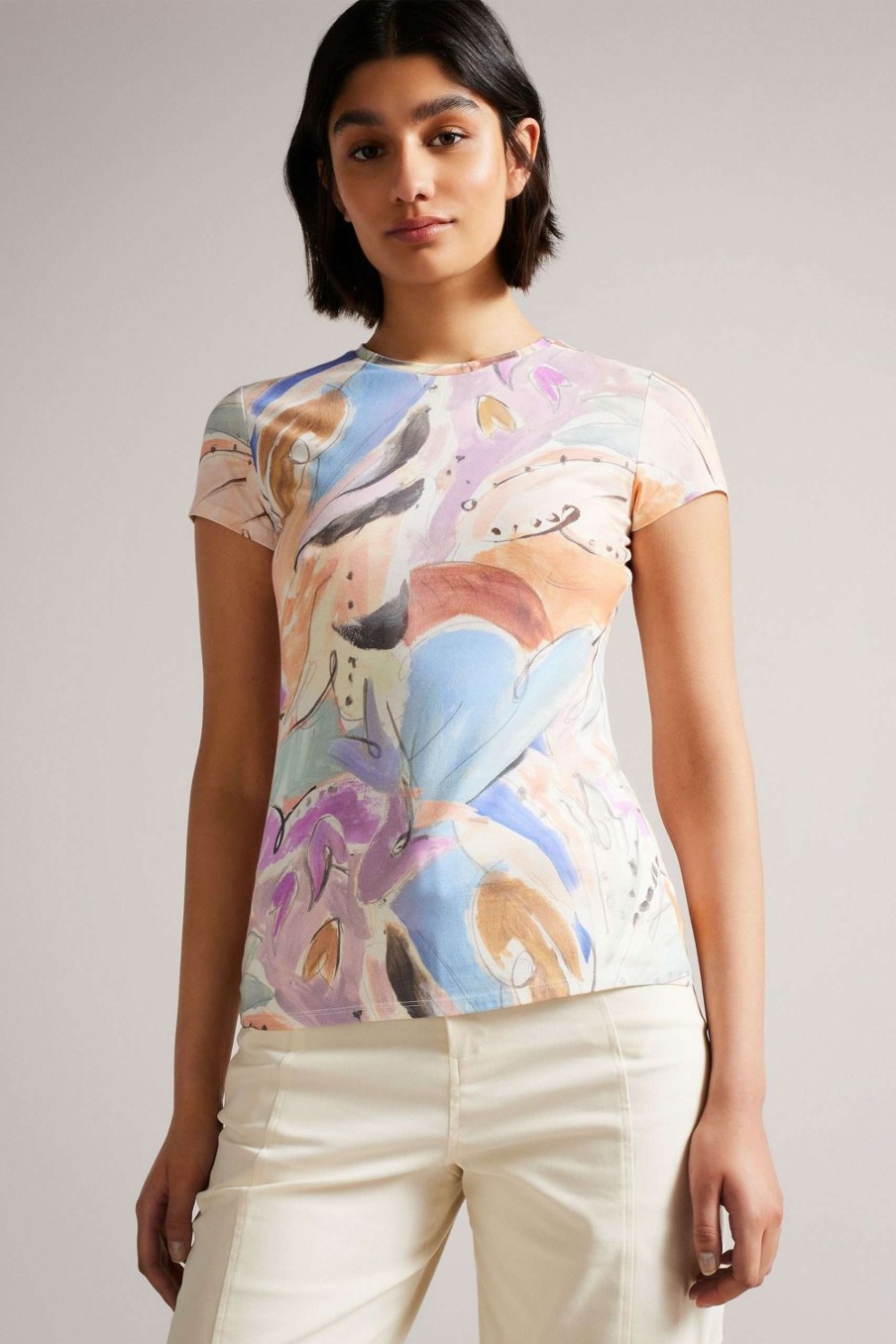 Clothing * | Ted Baker Cream Rosiean Printed Fitted T-Shirt Original