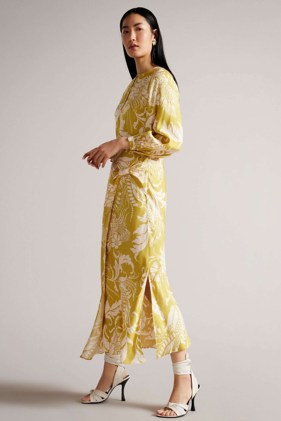 Clothing * | Ted Baker Yellow Saraiy Printed Sarong Detail Midi Dress Free Delivery