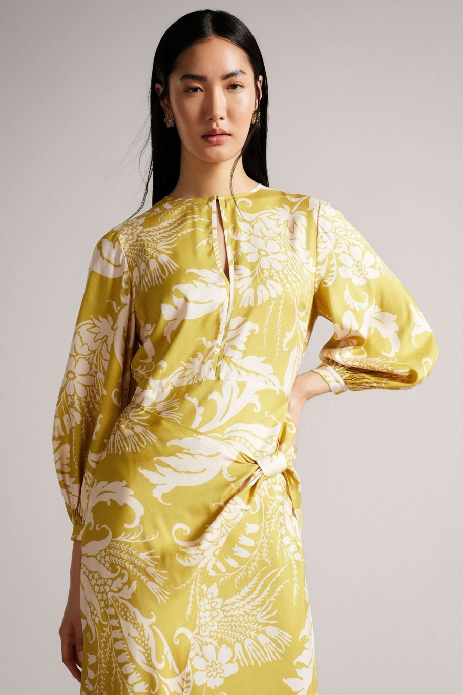 Clothing * | Ted Baker Yellow Saraiy Printed Sarong Detail Midi Dress Free Delivery