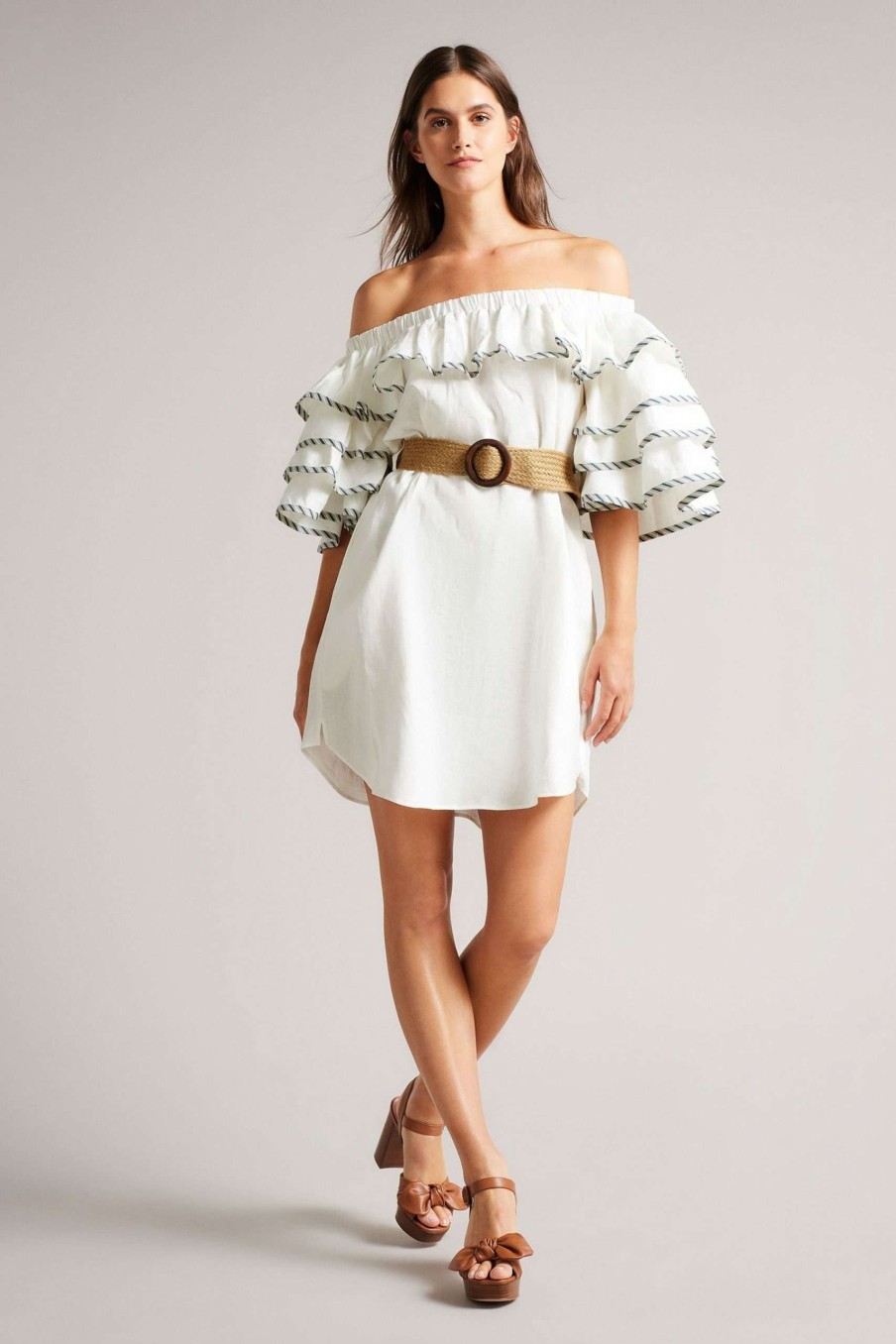 Clothing * | Ted Baker White Stripe Detail Ruffle Dress Limited Edition