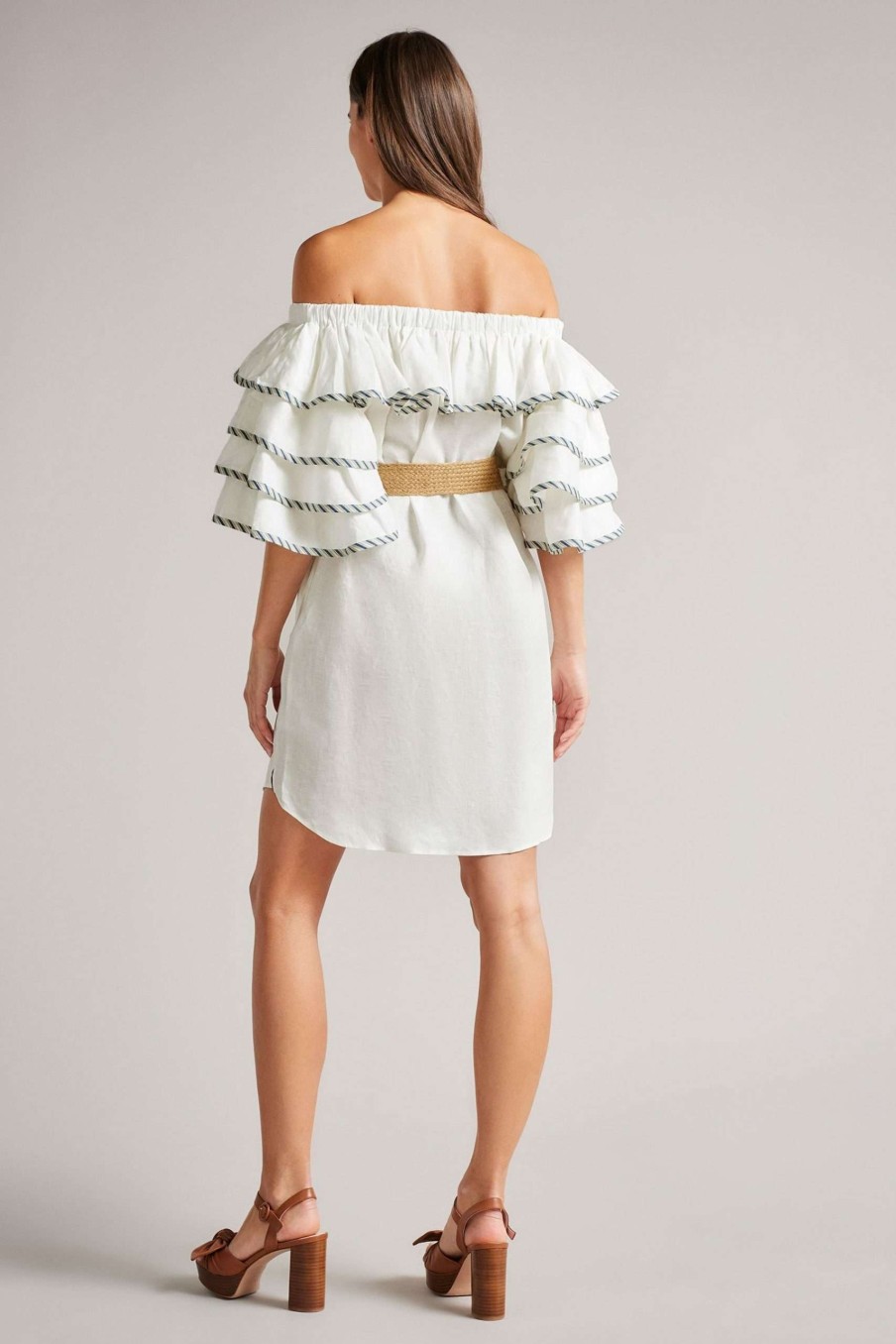 Clothing * | Ted Baker White Stripe Detail Ruffle Dress Limited Edition