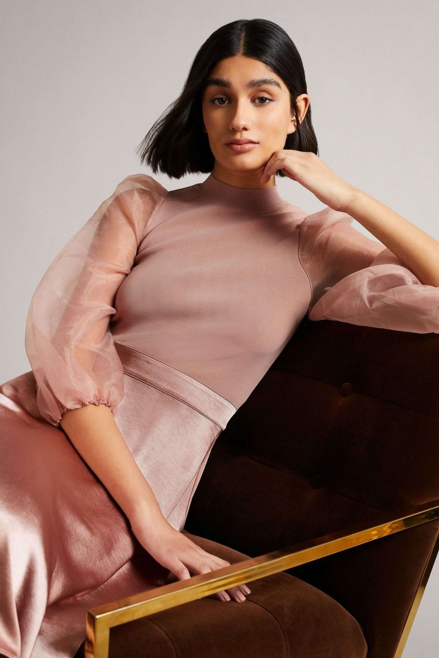 Clothing * | Ted Baker Dusky Pink Lharra Knit Satin And Organza Midi Dress Online Store