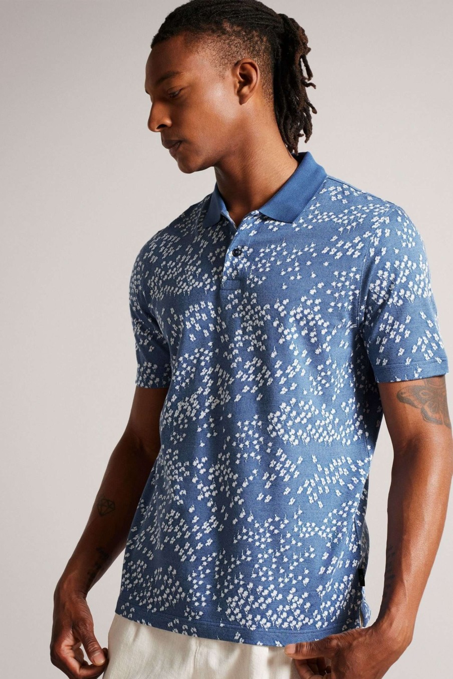 Clothing * | Ted Baker Pacita Blue Short Sleeve All-Over Floral Jacquard Polo Shirt Best-Selling