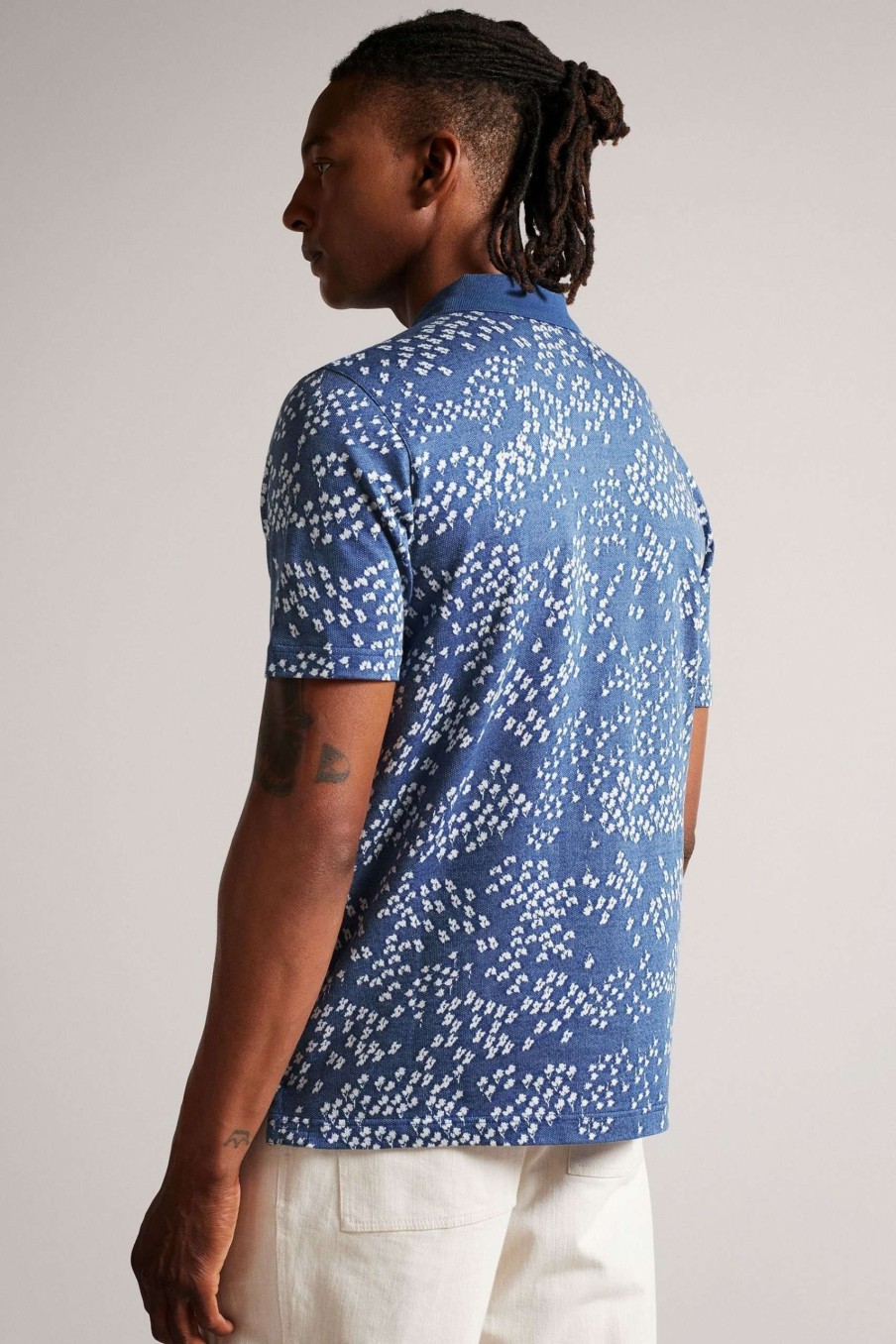 Clothing * | Ted Baker Pacita Blue Short Sleeve All-Over Floral Jacquard Polo Shirt Best-Selling