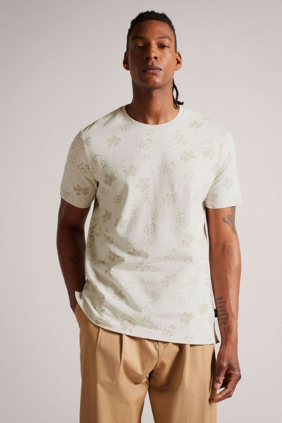 Clothing * | Ted Baker Gower Ecru Cream Short Sleeve Magnolia Jacquard T-Shirt Official