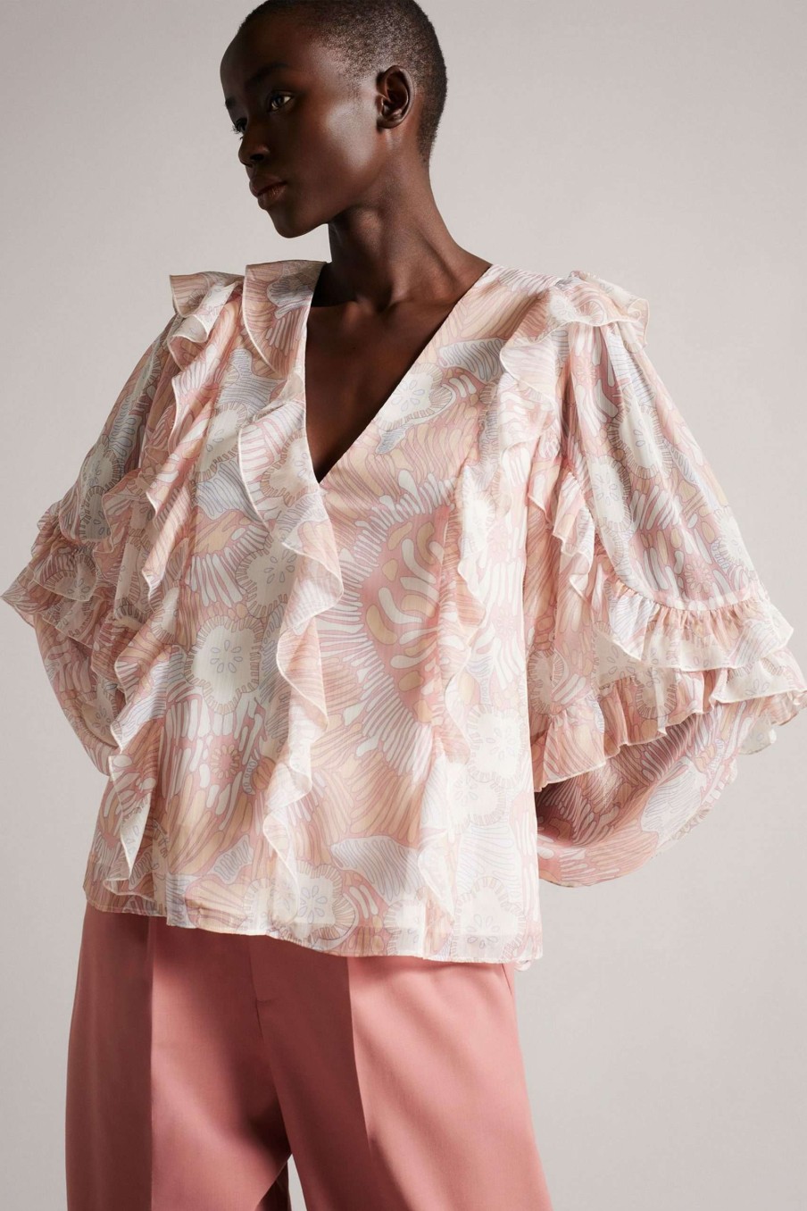 Clothing * | Ted Baker Siela Coral Pink Low V Ruffle Top Gift Selection