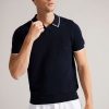 Clothing * | Ted Baker Blue Textured Striped Knitted Polo Shirt Fashion