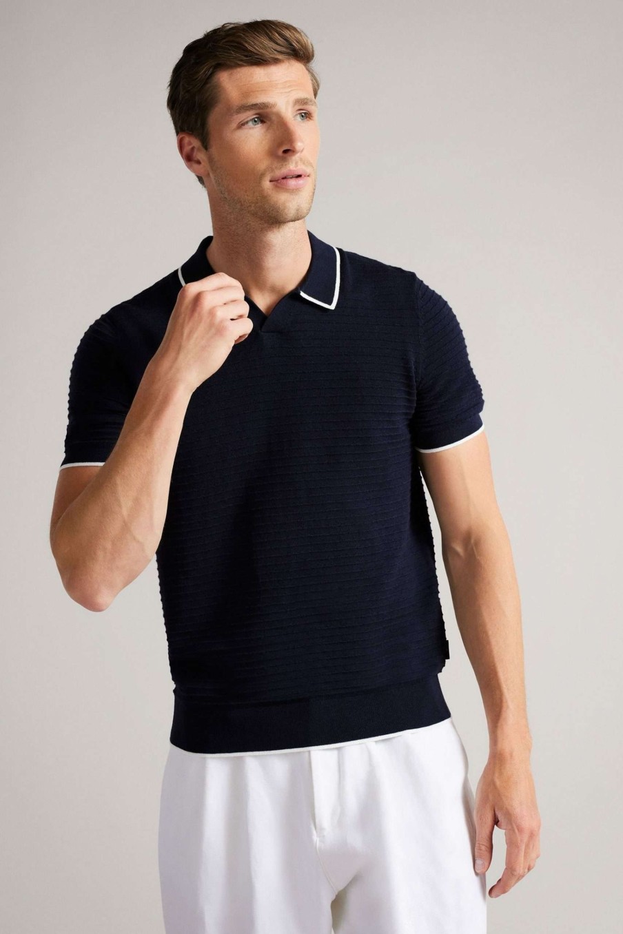 Clothing * | Ted Baker Blue Textured Striped Knitted Polo Shirt Fashion