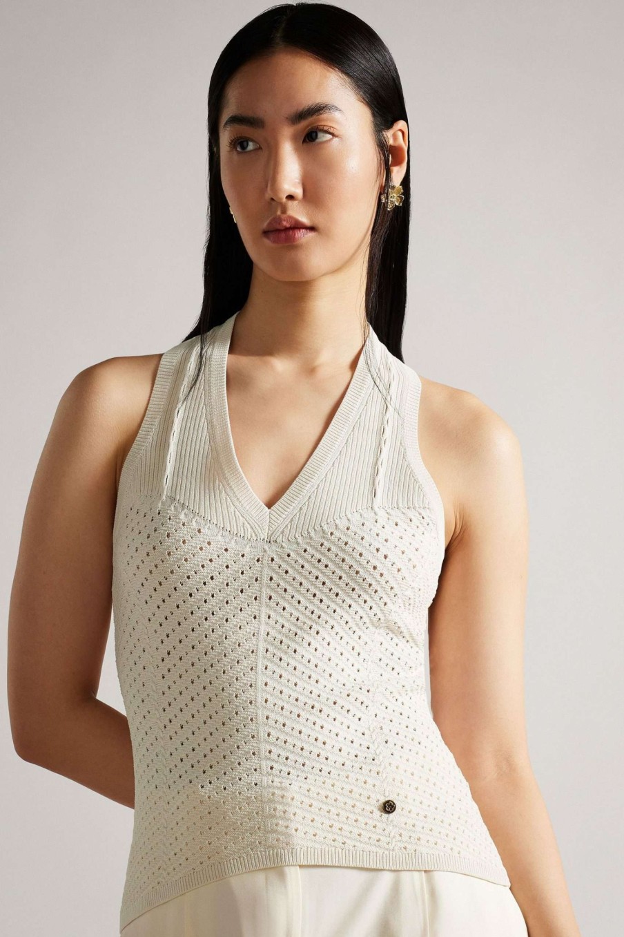 Clothing * | Ted Baker Yensine Natural Machine Crochet Knit Top Top Selling