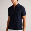 Clothing * | Ted Baker Coram Blue Short Sleeve Zip Jacquard Polo Shirt Top Selling