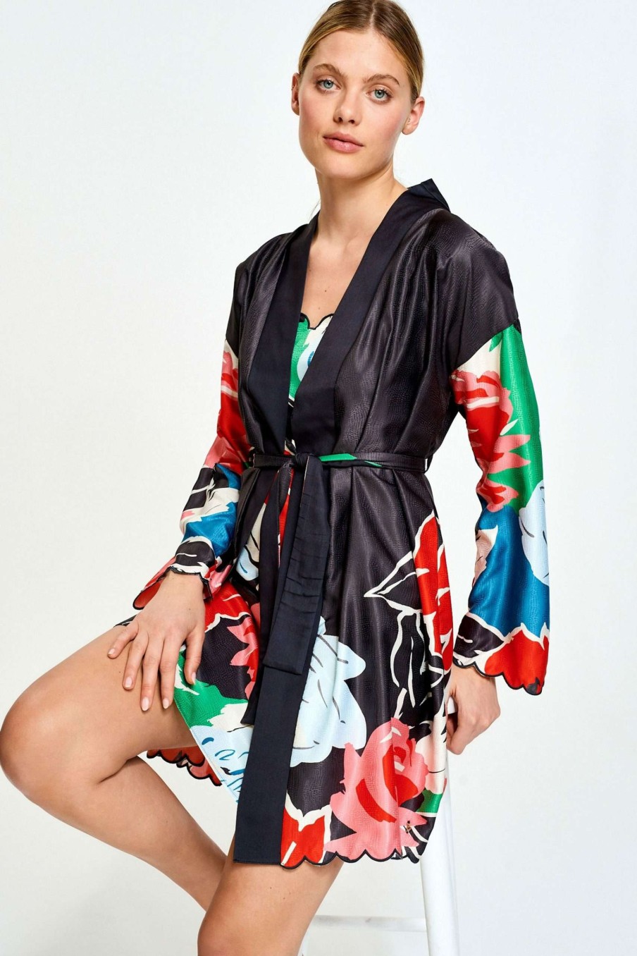 Clothing * | Ted Baker Black Floral Jacquard Spot Satin Robe Hot Selling