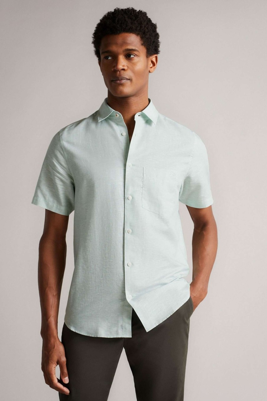 Clothing * | Ted Baker Addle Light Blue Short Sleeve Linen Shirt Classical