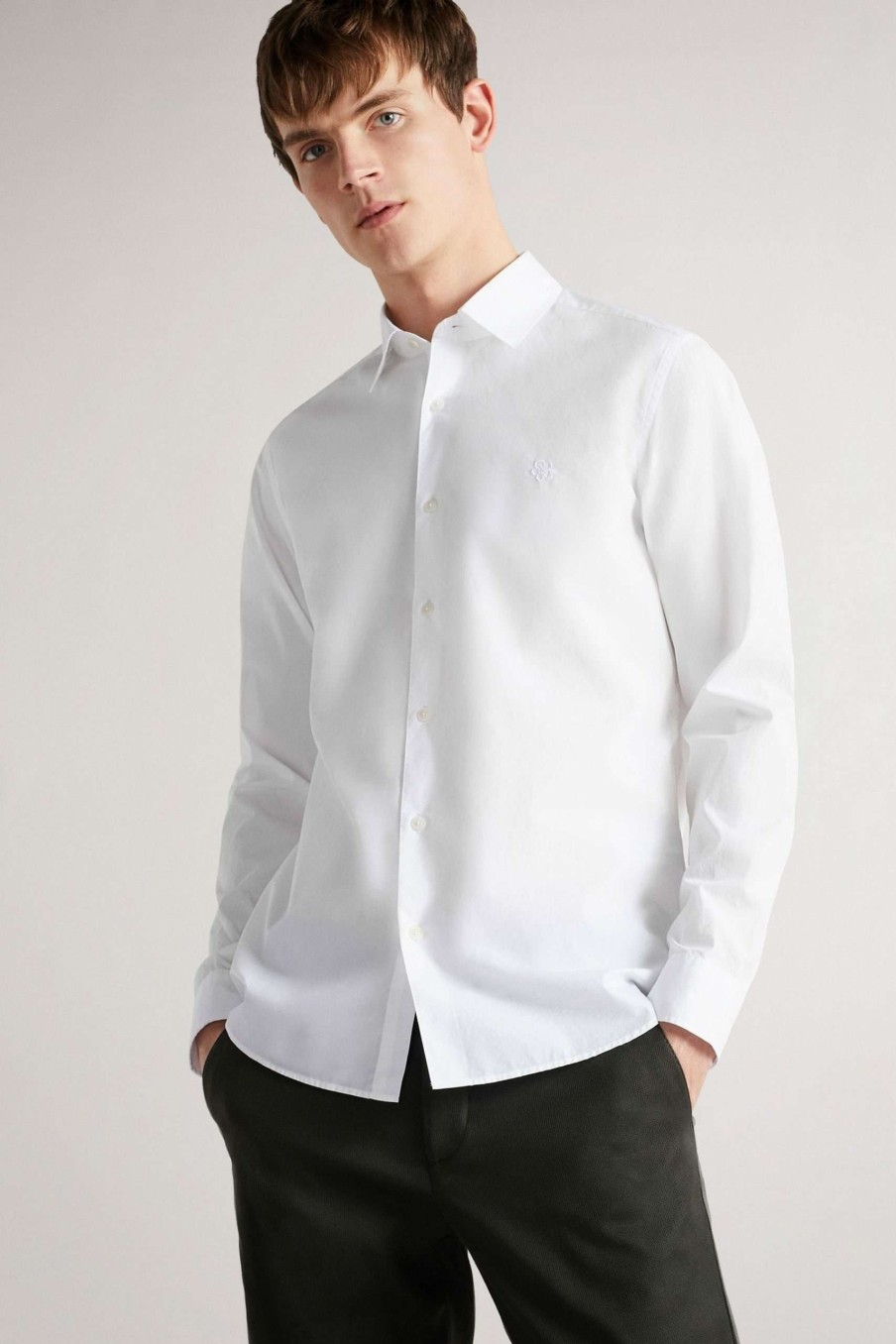 Clothing * | Ted Baker Men White Sonikk Long Sleeve Tonal Poplin Shirt Limited Edition