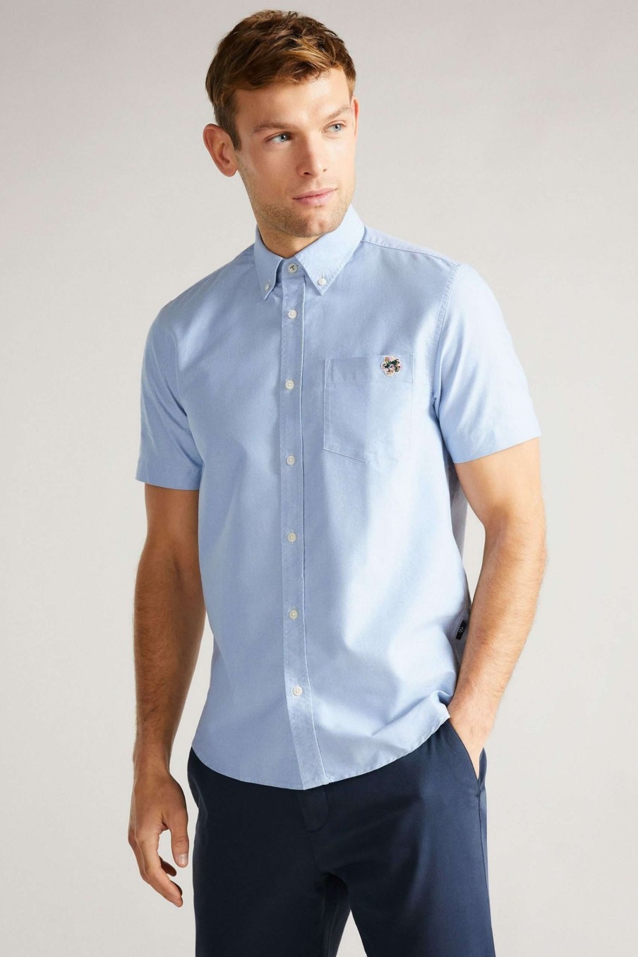 Clothing * | Ted Baker Capsho Blue Short Sleeve Oxford Shirt Attractive