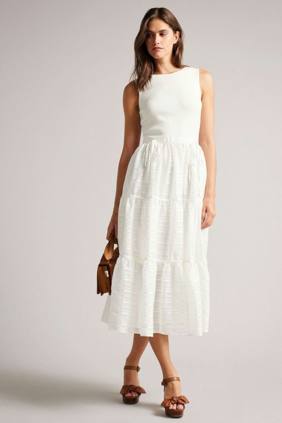 Clothing * | Ted Baker Cream With Woven Skirt Midi Dress Original