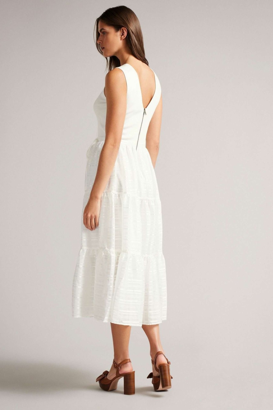 Clothing * | Ted Baker Cream With Woven Skirt Midi Dress Original